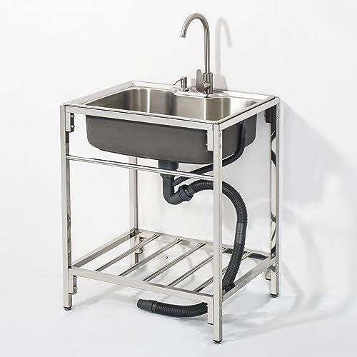 Freistehende Küchenspüle aus Edelstahl, 1 Fächer, Edelstahl-Barspüle mit heißem und kaltem Wasserhahn, für den Innen- und Außenbereich, Doppelbecken, Handwaschbecken, 72 x 45 x 85 cm