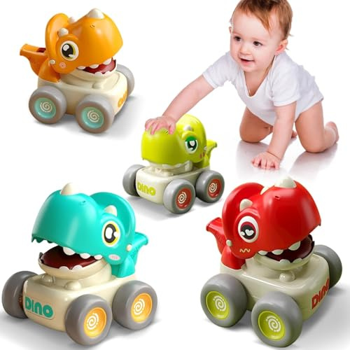Dinosaurier Racing Cars für Kleinkinder 1-3, Baby Press and Go Car Toys, Infant Play Vehicle Set mit Pfeife, Baby Push Go Friction Car Toys für 18M+, 1st Birthday Gift for 1 2 Years Old Boys Girls
