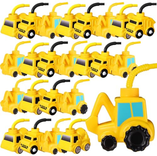 Mifoci 24 Pcs Construction Truck Party Favor - Excavator, Cement Mixer Truck, Cups, Straws & Lids - 10 oz Plastic Construction Themed Kids Birthday Party Decorations