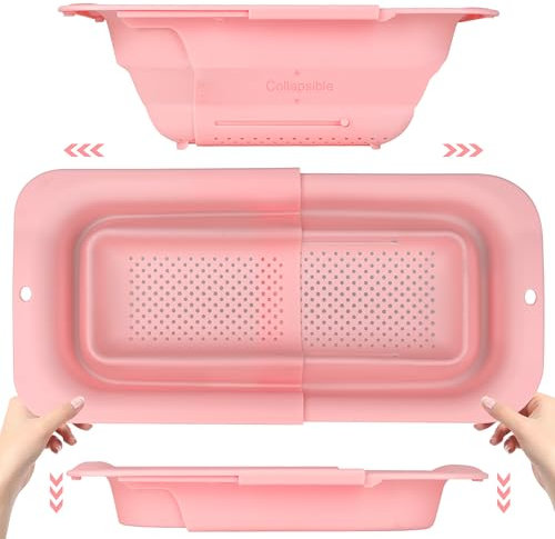 ROTTOGOON 7Qt Collapsible Colander Strainer, Expandable Over the Sink Colander, Adjustable Silicone Kitchen Sink Strainer, Foldable Large Colander Basket to Wash Vegetable, Fruit, 15 to 19.11, Pink