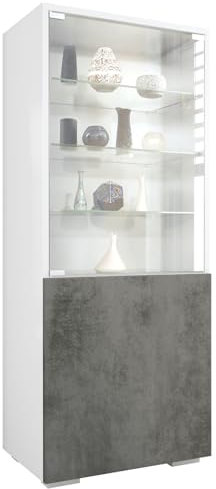 Vladon Vitrine Granada, Armoire Vitrée Made in Germany, avec Porte en Verre et Insert en Verre, Blanc Mat/Aspect béton foncé (50 x 122,5 x 34,5 cm)