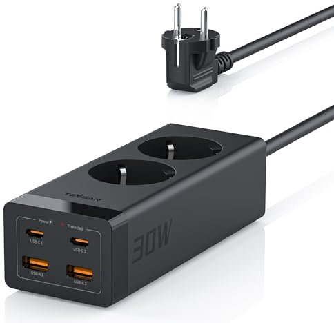 TESSAN Ladron Enchufes con USB C PD 30W, GAN USB C Carga Rapida, 6 en 1 Multiple con Alargador 2 Metros, Regletas Enchufes con Proteccion Sobretension, 3600W, Negro