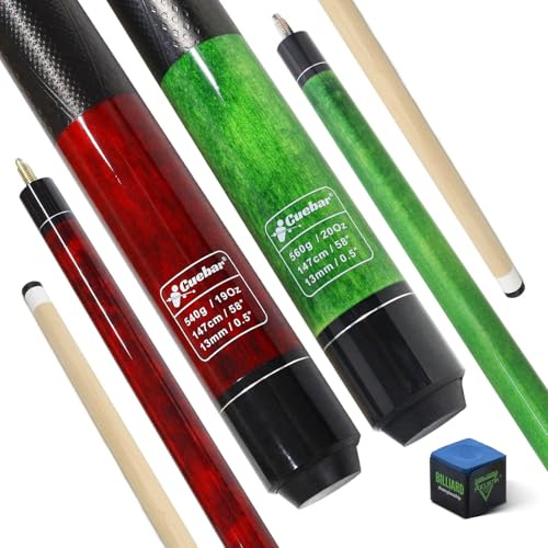 CUEBAR Pool-Queues für Erwachsene, 147 cm, 2-teiliges Ahorn-Billardstäbe mit 13 mm Spitze und 3D-Griff, inkl. Kreide für Hausbar oder Spielzimmer, wählen Sie 2 Farben und Gewichte (510 - 595 g)