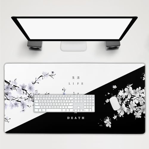 Tapis de souris Sakura japonais avec base en caoutchouc antidérapant et bords cousus pour clavier, ordinateur portable, ordinateur de bureau, 100 x 50 cm, noir et blanc