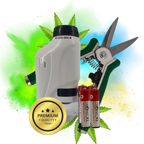 TronicXL Grow Ernte Set I Taschenmikroskop mit LED + Ernteschere + Akkus I Ernte Helfer Grower Zubehör für Growbox Anbau ernten Erntezeitpunkt erkennen