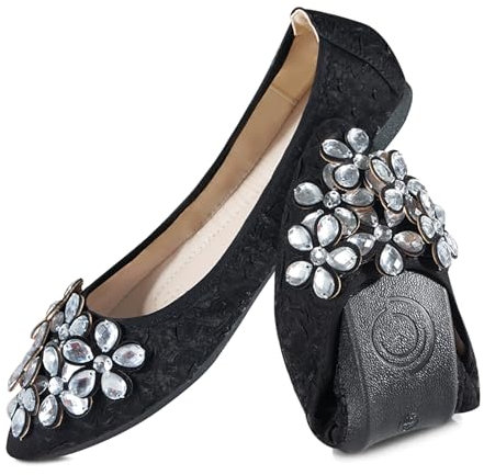 YOUNIFIZ Women's Elastic Foldable Portable Pumps Sparkly Rhinestones Ballet Ballerina Slip On Flats Dolly Shoes (Black-3,Size 6)