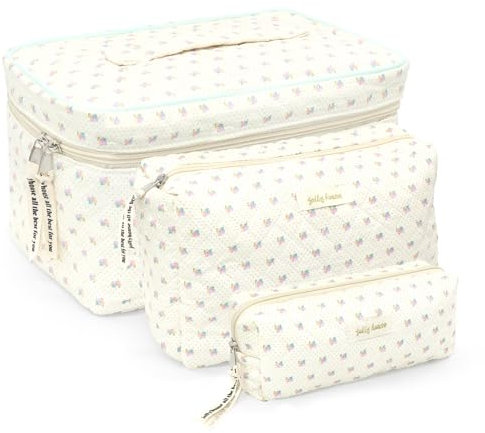 3PCS Makeup Bag, Aesthetic Toiletry Bag with Cosmetic Pencil Pouch, Quilted Cosmetic Pouch for Women Girls Ladies (Flower)