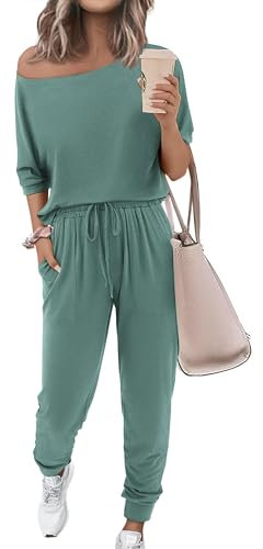 Zenlonr 2-teiliges Sommer-Outfit für Damen, schulterfrei, kurzärmelig, elastische Taille, Kordelzug, lange Hose, Trainingsanzug, Seegrün, Medium
