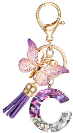 JSRQT Porte-clés Lettre Initiale C, Porte-clés Alphabet en Résine Violettes pour Femme Filles avec Pendentif Papillon et Pompon, Nom Porte-clés Initiale Letter Keyring pour Sac à Main Sac à Dos Charme