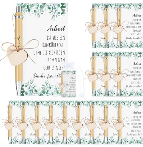 Clabby 15 Sets Dankeschön Geschenkset für Kollegin Büro Arbeit Rente | Danke für alles, Holz Kugelschreiber mit Gravur, Herzförmiges Holzschild, Abschiedskarten, Organza Beutel, Seil
