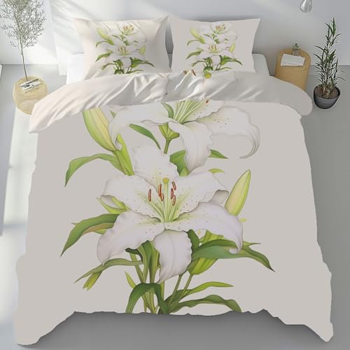Sobhdga Parure de Lit Fleur de Lys Réversible en Microfibre Douce, Housse de Couette Motif Floral Printemps Botanique 140x190 avec Fermeture Éclair 2 Pièces avec 1 Taie d'oreiller