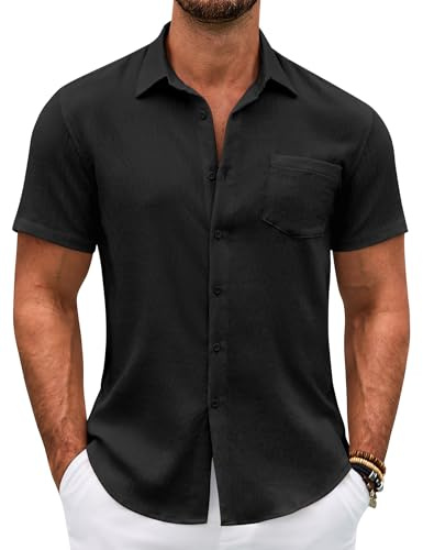 COOFANDY Chemise Homme Manches Courtes Été Légère Coupe Droite Plage Lin Décontractée avec Poche Poitrine Noir XL