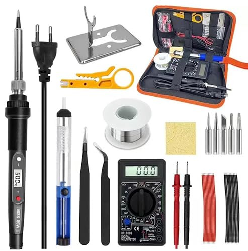 Soldador de estaño 80W Kit 17 en 1 Soldador Profesional con Temperatura Ajustable 180℃-500℃, con multímetro digital, 5pcs Puntas, Bomba Desoldadora, Soporte, Pinzas Antiestáticas, Alambre de Soldadura