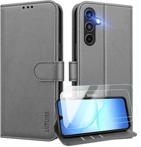 UITUIM Handyhülle für Samsung Galaxy A18 / A17 4G/5G Hülle Klapphülle,Grau | mit 2 Glas Schutzfolie Flip Case Cover Klappbar Leder Magnet Kartenfach Geldbörse Schutzhülle Stoßfest Etui Handytasche
