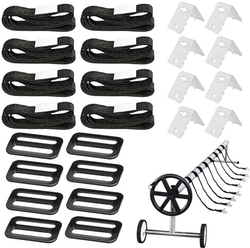 CUVZORA Kit de Fixation pour Bâche Solaire de Piscine, 8 Sangles et Clips pour Enrouleur Bâche Piscine Hors Sol, Durables et aux UV, Compatible avec Bâches à Bulles et Couvertures de Piscine