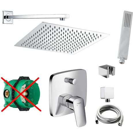 vanvilla Duschsystem Unterputz mit Duscharmatur Hansgrohe poliert HG81-ob | Duscharmatur von Hansgrohe Logis Einhebelmischer und vanvilla Regendusche Duschkopf eckig, Dusch-SET poliert