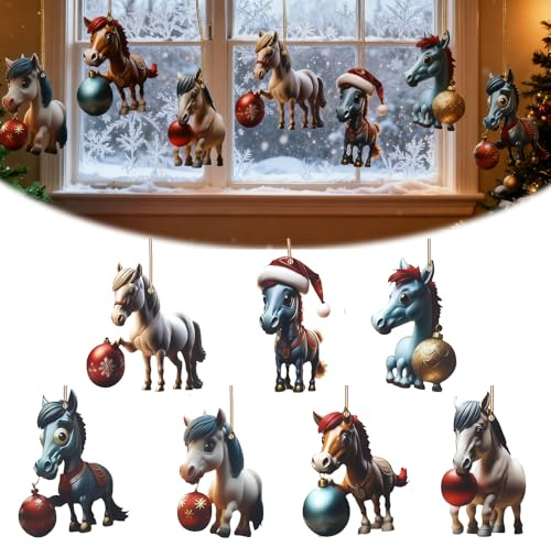LUMOOM 7 Stücke Weihnachtsbaum Pferde Anhänger, 2D Acryl Hängende Ornamente Deko, Lustige Pferde Ornamente, Weihnachtsanhänger Deko Weihnachtsschmuck Geschenk