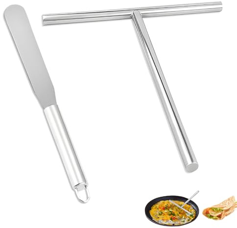 2 Stück Crepes Verteiler Set, Crepes Wender Edelstahl Spatel 19.2cm T-Form Teigverteiler für Zuhause Küche Backen Kochen Backwerkzeuge