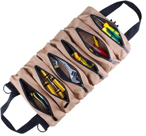 Werkzeugrolle Werkzeug-Rolltasche, Segeltuch, 6 Reißverschlusstaschen, Grün-Khaki, 18,5 x 11 Zoll(Khaki)
