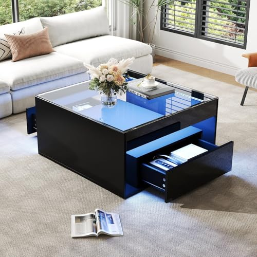 PUGSDRLY Table Basse Salon Carrée avec Rangement, Meuble de Salon Haute Brillance, Plateau en Verre Trempé, 2 Tiroirs, Éclairage LED, Table d'appoint, 70x70x35 cm (D-Noir)