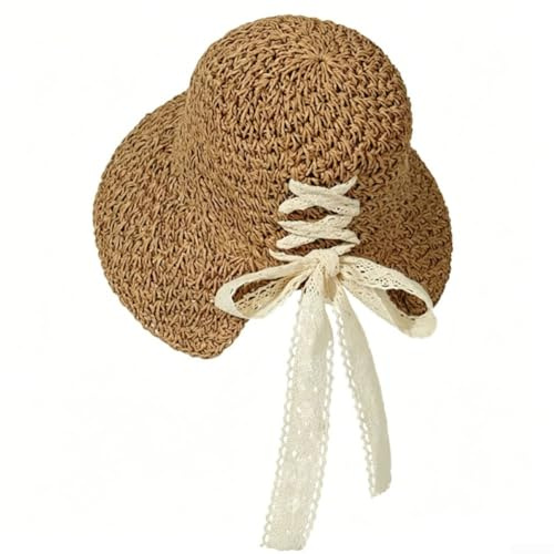 Sombrero de paja transpirable con detalle de encaje para mujer, gorra de ala ancha para salidas de verano a la playa, tamaño de cabeza ajustable de 54-60 cm