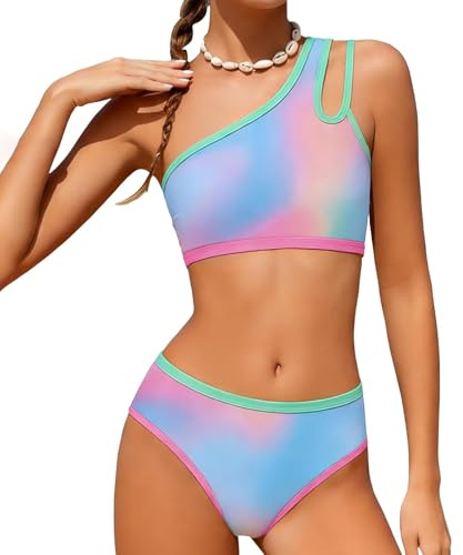 Generico Bikini Bambina Due Pezzi con Top Monospalla e Slip Abbinato, Colori Vivaci e Design Sportivo, Costume da Bagno per Ragazze, Ideale per Nuoto, Vacanze e attività acquatiche