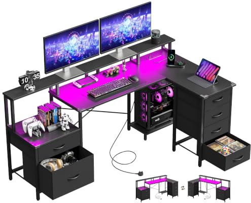 IRONCK L Shaped Gaming Desk 189×100cm, Corner Desk with LED & Power Outlets | Reversible Computer Desk with USB C Ports, Home Office Desks with Monitor Stand & PC Stand, Rounded edge, Black