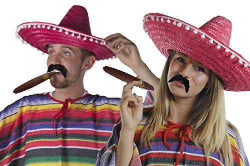 12 x rote mexikanische Sombrero-Hüte plus 12 x Schnurrbart plus 12 x gefälschte Jumbo-Zigarren-Strohhalme