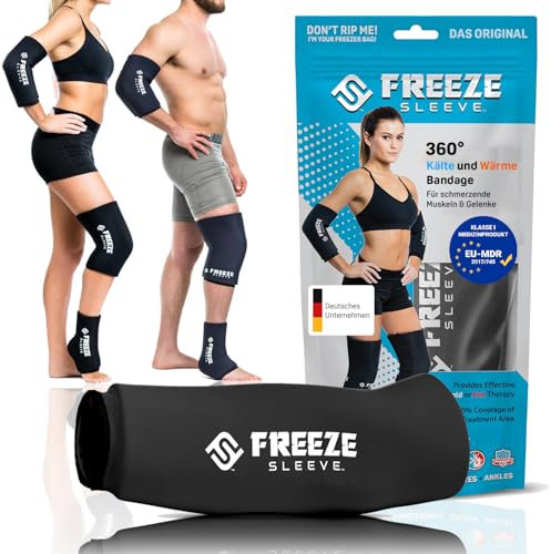 FREEZE SLEEVE Kühlbandage mit Wärmefunktion. Wiederverwendbar und hält von selbst mit 360° Wirkung Kühlpack für Knie Ellbogen Gelenke hilft bei Tennisarm Knieschmerzen (Schwarz - M)