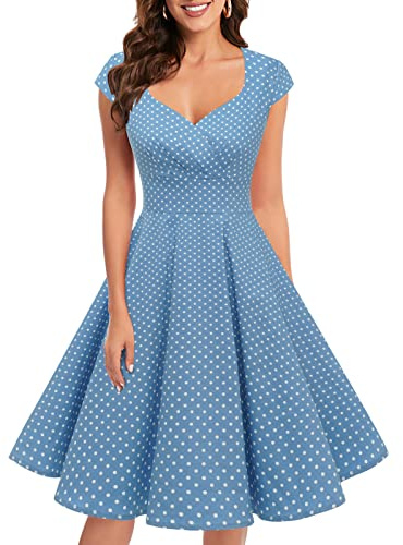 Bbonlinedress Robe Femme de Soirée Cocktail Vintage Femme Chic Courte pour Mariage Invité Gala Fête Témoin Anniversaire Col Carré Blue Small White Dot S