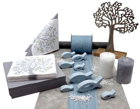 ZauberDeko Tischdeko Kommunion Konfirmation Grau Taubenblau Fische Baum des Lebens Set 20 Personen