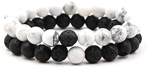 Lavastein Armband, Ätherische Öle Parfüm Diffusor Schwarze Perlen Armreif, Weißen Stein Perlen Stretch Elastischer Manschette Unisex Armband Schmuck Festival Paar Geschenk Der Freundschaft 2 Pcs/Set