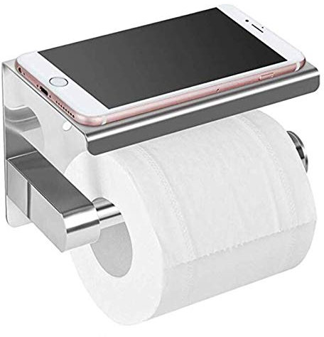Toilet Roll Holder with Screws, Self Adhesive Stainless Steel Toilet Roll Paper Holder with Phone Shelf, Wall Mounted Toilet Roll Paper Holder for Bathrooms and Kitchen (Polished)