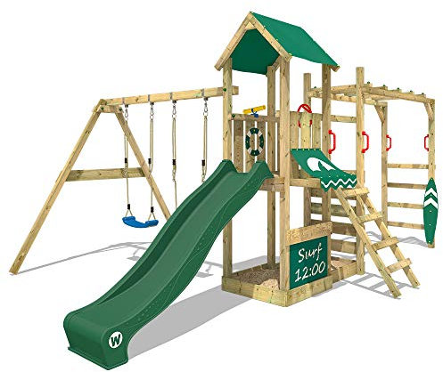 WICKEY Wooden climbing frame Smart Dock with swing set & green slide, Outdoor kids playhouse with sandpit, climbing ladder & play-accessories for the garden