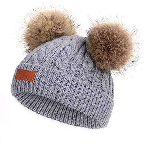 Martin Kench Kinder Winter-Mütze Strickmütze Fellbommel Bommel Strick Mütze Bommelmütze mit 2 Bommeln Mütze für Baby Mädchen Jungen (Grau)