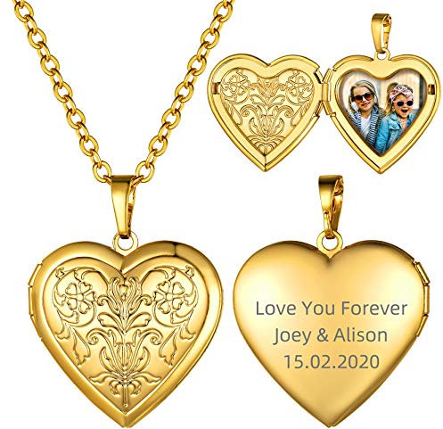 GOLDCHIC JEWELRY Herz Foto Medaillon aus Kupfer Blumenmuster Relief Halskette Amulett 18K Vergoldet Damen Kette mit Eigener Fotogravur für Frauen Freundin
