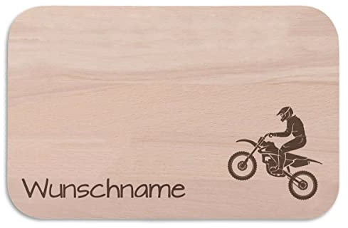 GRAVURZEILE Frühstücksbrettchen Brotzeitbrett mit Gravur - Motorrad Design - mit Wunschname - Geschenk für Kinder