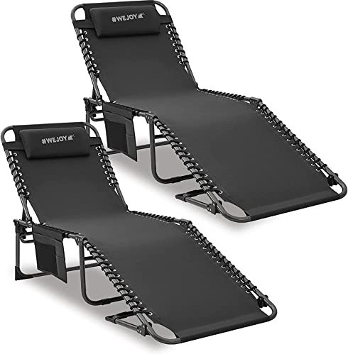 #WEJOY 2er Set Sonnenliege Klappbar Verstellbarer Rückenlehne Gartenliege Ergonomisch Liegestuhl Klappbar Campingliege mit Seitentasche und Kopfstütze bis 120KG für Outdoor Pool Garten 190x59x37cm