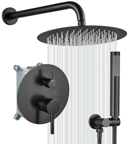 gotonovo Duschsystem Set 10 Zoll Rund Regendusche mit Handbrause Öl eingerieben Bronze Wandhalterung Hochdruck Luxus Modern Duschkombi Set Rauhventil Duschblende 2 Funktionen