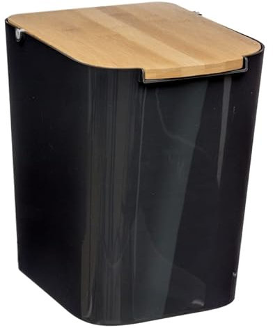 UNIMASA Papelera baño de poliestireno Tapa de bambú Capacidad de 5 litros - Negro
