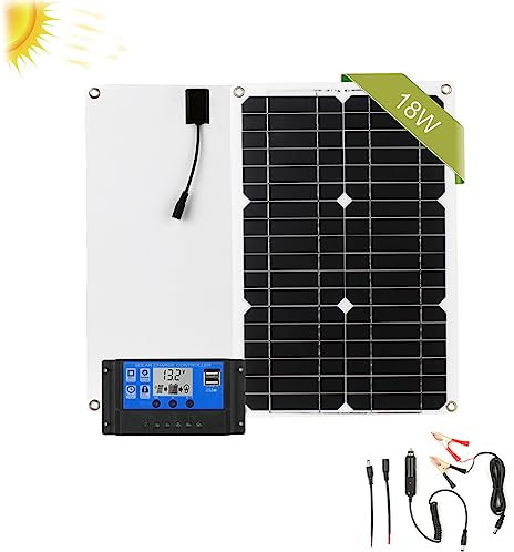 Kit de Panel Solar Monocristalino de 12 V/18 W, Panel Solar de Doble Salida con 2 Puertos USB y controlador de carga, Juegos de cables de conexión SAE, Adecuado para RV, Techo, Caravana, Barco