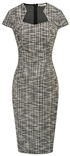GRACE KARIN Women's Gorgeous Work Pencil Dress Cap Sleeve Sexy Bodycon Dress, Black (Plaid), L