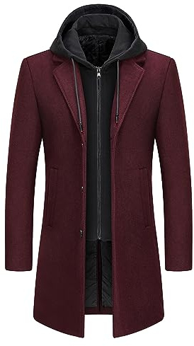 KUDMOL Herrkappa i ull med avtagbar huva varm lång trenchcoat för vinter parkas herrkappa smal passform