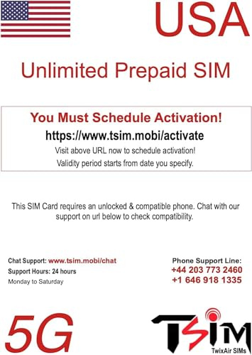 PrePaid USA SIM-Karte Unbegrenzt eingehende und ausgehende Anrufe/SMS | Ultra High Speed 5G Datenzulassung. Hotspot/Tethering/Internetfreigabe erlaubt. (Unbegrenzt + CanMex x 1 Monat)