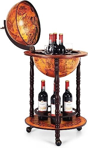 KOMFOTTEU Globus Bar Barwagen, Minibar mit Rollen, Weinregal mit Klassischem Design, Cocktailbar Barschrank für Wein, Getränke (Braun)