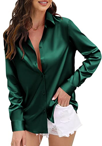CUNLIN Womens Soft Satin Silk Button Down Shirts for Women Silky Long Sleeve Work Shirt Dress Blouses Tops, 935_tree Green, XXL