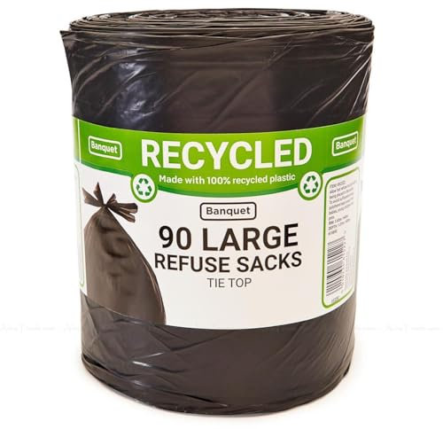 Banquet Recycled 90 Black Strong Tie Top Large Refuse Sacks Kitchen Plastic Bags