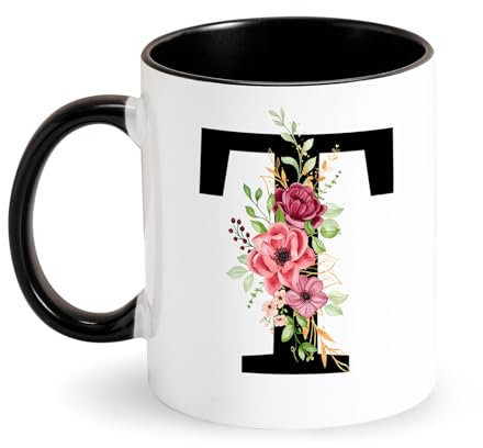 Tarklanda Tazze con Iniziale Tazza da caffè Personalizzata Tazza con Lettere e Floreale Tazza in Ceramica Nera Tazza Iniziale Regali per Donne Amici per Compleanno, San Valentino, Natale (T)
