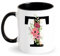 Tazas de Café Inicial Personalizada Taza con Letra Flores Taza Abecedario 350ML Taza de Cerámica Negro Regalos Originales para Mujeres, Amigo, Colegas, Mamá, Regalos para Cumpleaños (T)