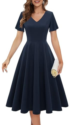 Bridesmay Cocktail Dresses for Women Wedding Guest 2025 with Sleeves,Fit and Flare Dress Business Casual Work Dress Navy XL